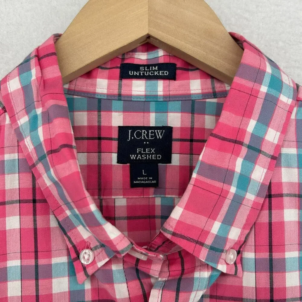 J.CREW Shirt Mens L Flex Washed Slim Untucked Button Up Plaid Cotton Blend Pink